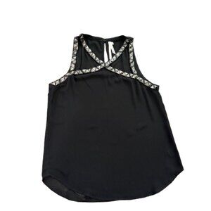 Bellatrix Metallic Beaded Cut Out Criss Cross Tank Top Black Size Medium